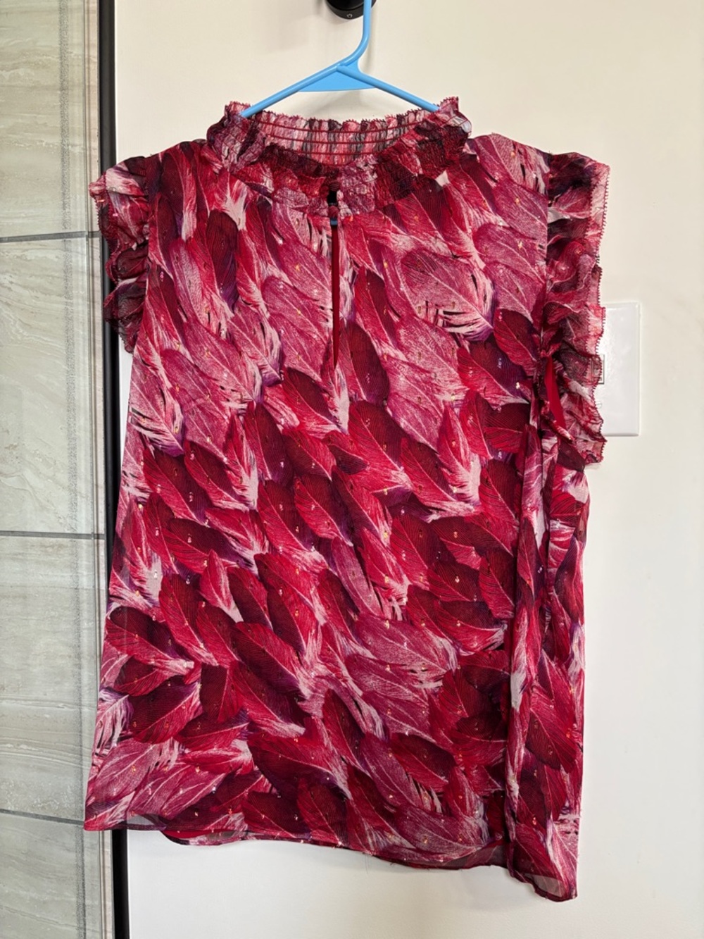 White House Black Market Crimson Feather-Print Ruffle Mock-Neck Blouse